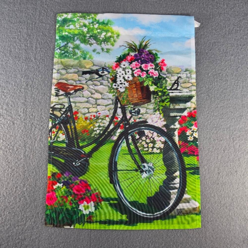 Garden Flag Bicycle Basket Flowers 18x12" EUC Spring Garden
